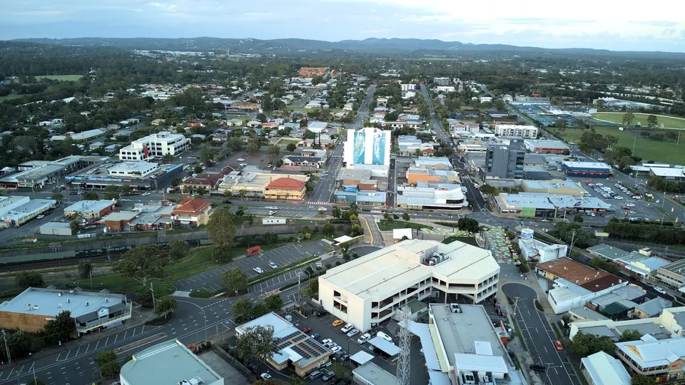 Aerial view over central Beenleigh towards the hills.
