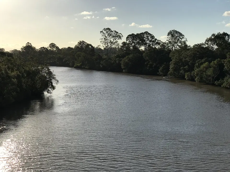 The Logan River at Loganholme, seen from the footbridge, with trees along both banks.